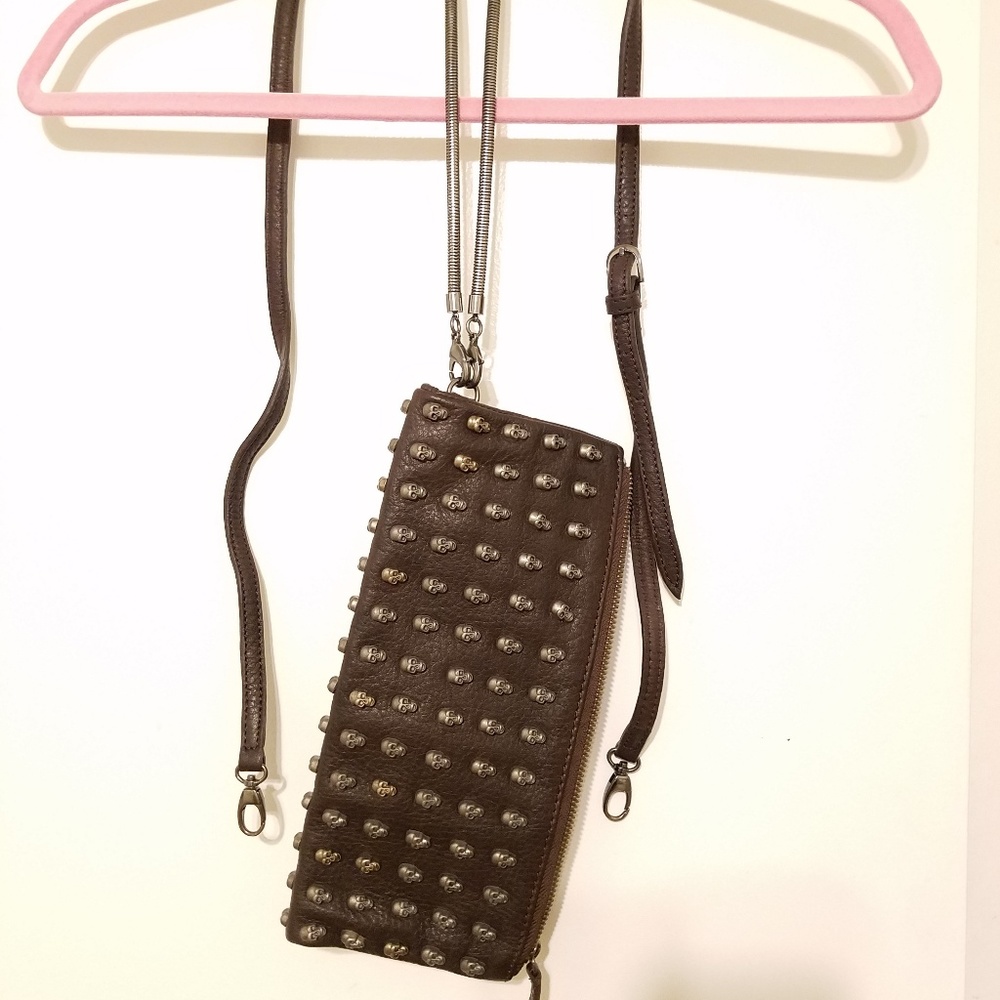 Skull Stud Vegan Leather Dark Brown Clutch